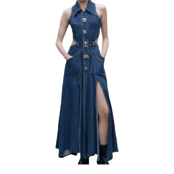 URBAN REVIVO Dresses & Skirts - NEW URBAN REVIVO cut out stretchy sleeveless maxi denim dress with artistic butt
